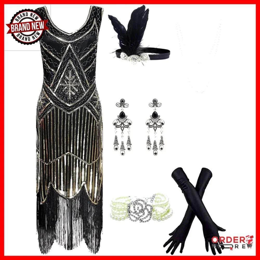1920s Flapper Sequin Beaded Cocktail Dress Set with Accessories